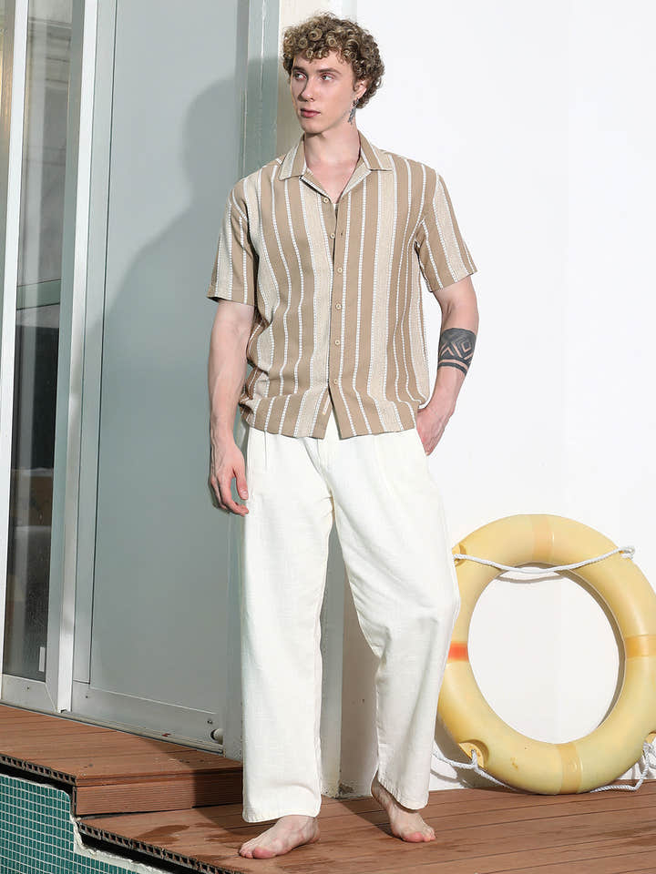 Beige Striped Cuban Collar Shirt