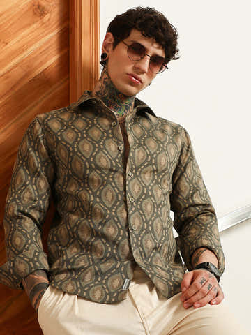 Olive Green Geometric Patterned Cotton Blend Full Sleeve Shirt
