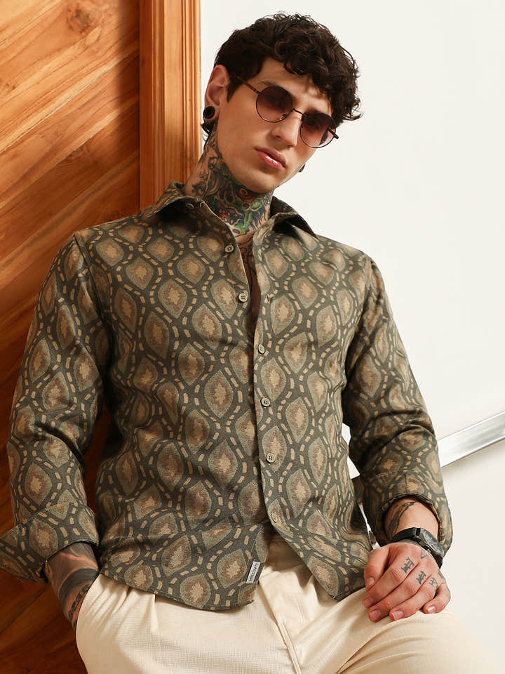 Olive Green Geometric Patterned Cotton Blend Full Sleeve Shirt