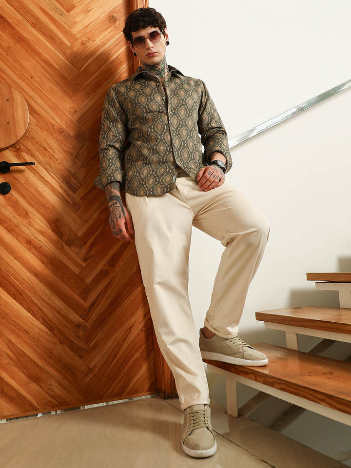 Olive Green Geometric Patterned Cotton Blend Full Sleeve Shirt