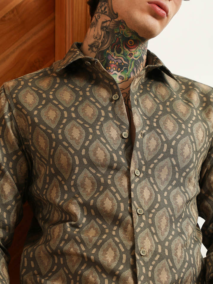 Olive Green Geometric Patterned Cotton Blend Full Sleeve Shirt