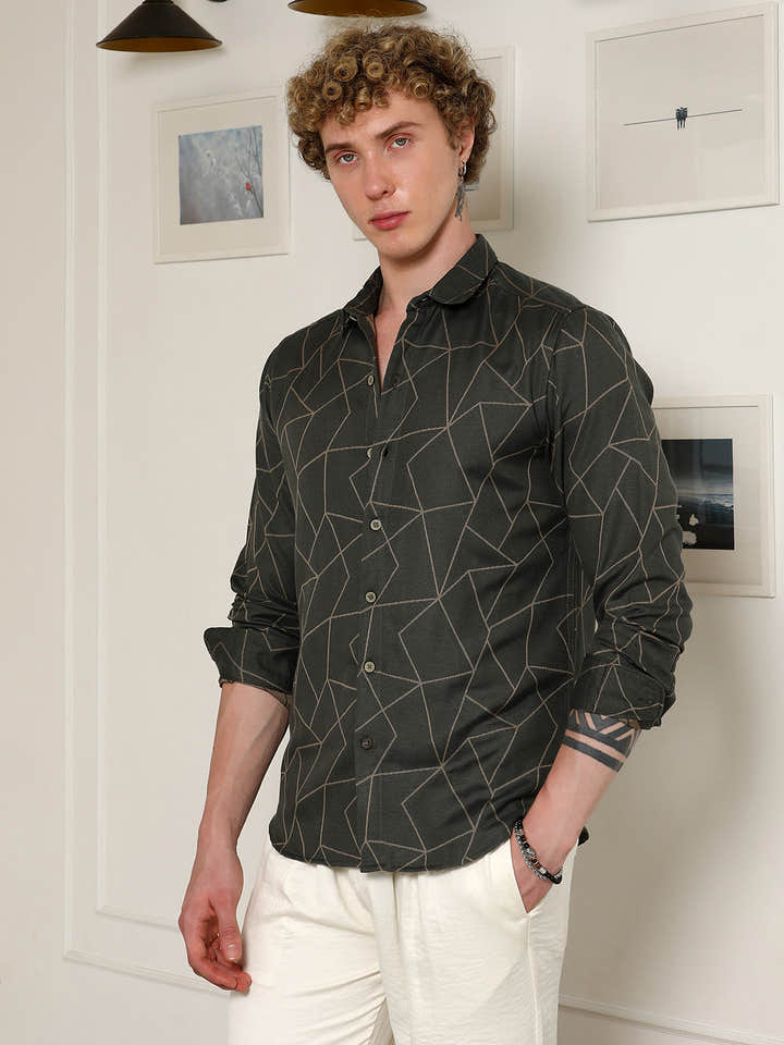 Dark Green Geometric Pattern Full Sleeve Shirt