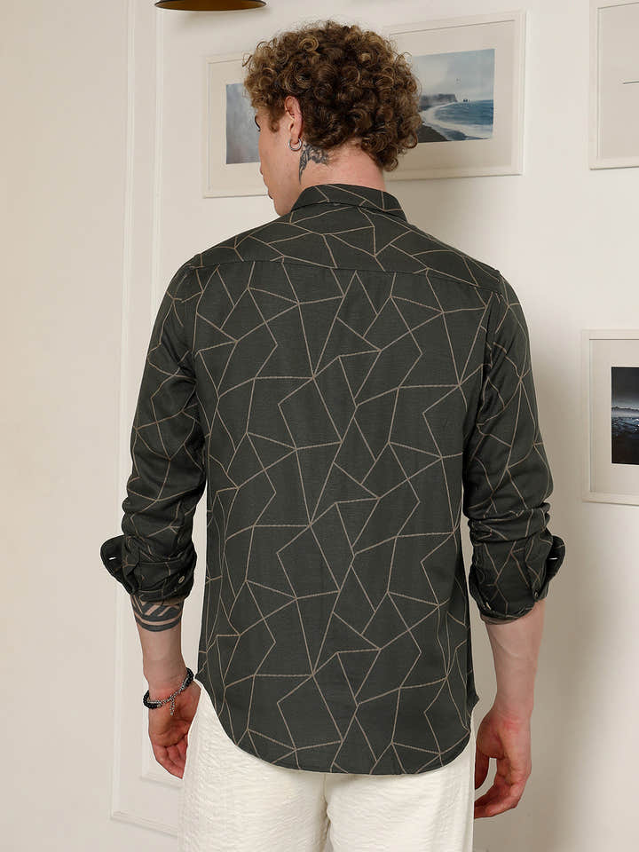 Dark Green Geometric Pattern Full Sleeve Shirt