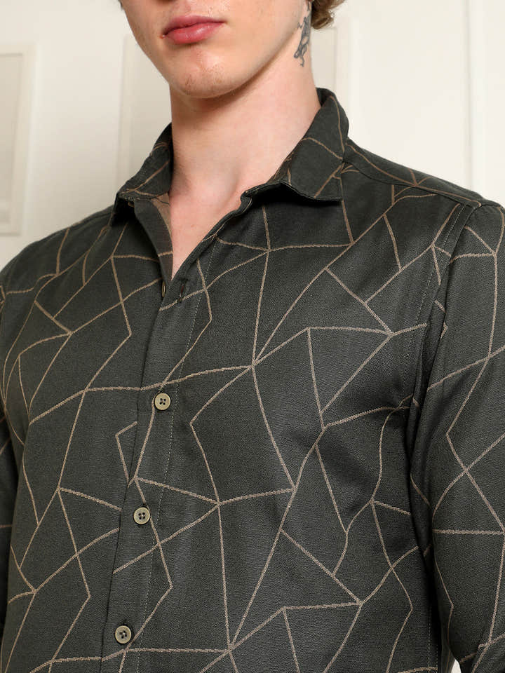 Dark Green Geometric Pattern Full Sleeve Shirt