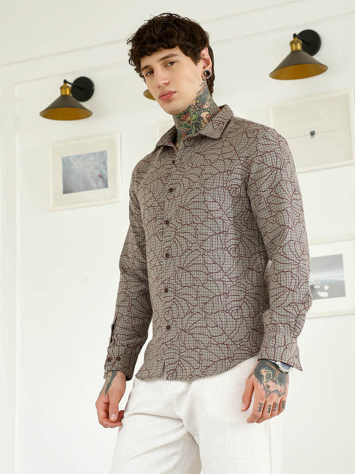 Slim Fit Abstract Patterned Cotton-Poly Blend Shirt
