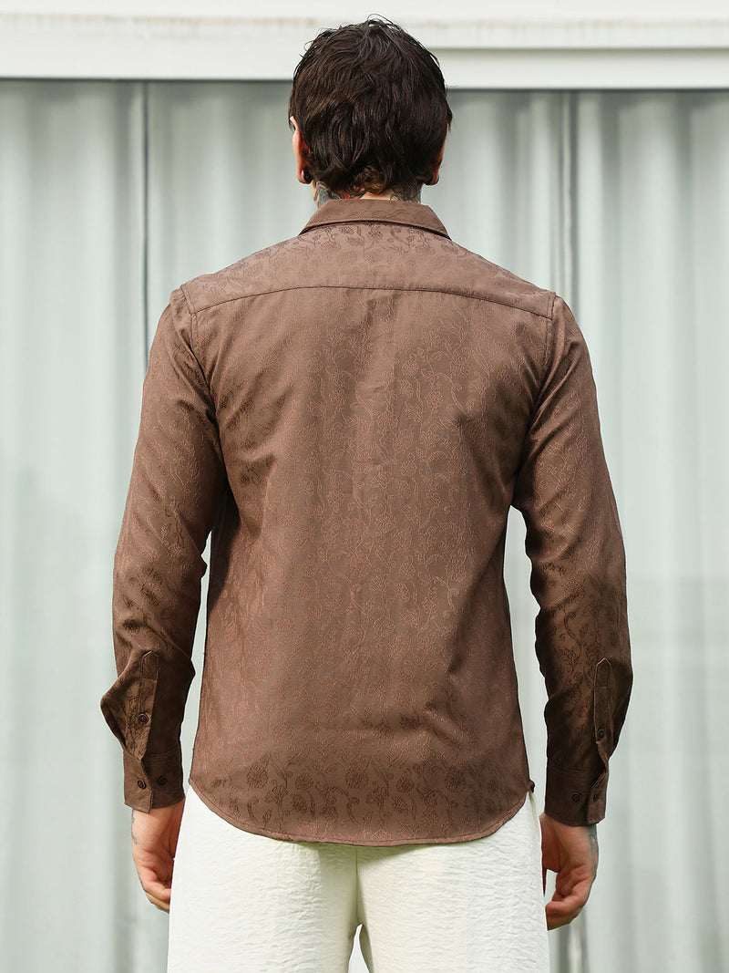 Slim Fit Brown Floral Jacquard Shirt