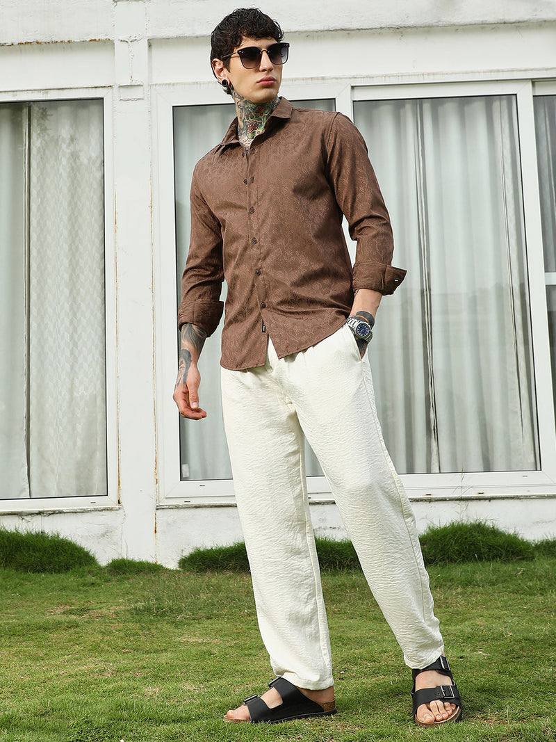 Slim Fit Brown Floral Jacquard Shirt