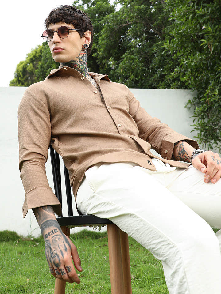 Beige Textured Cotton Blend Full Sleeve Shirt