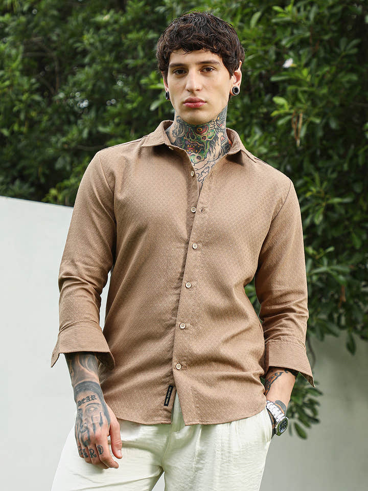 Beige Textured Cotton Blend Full Sleeve Shirt