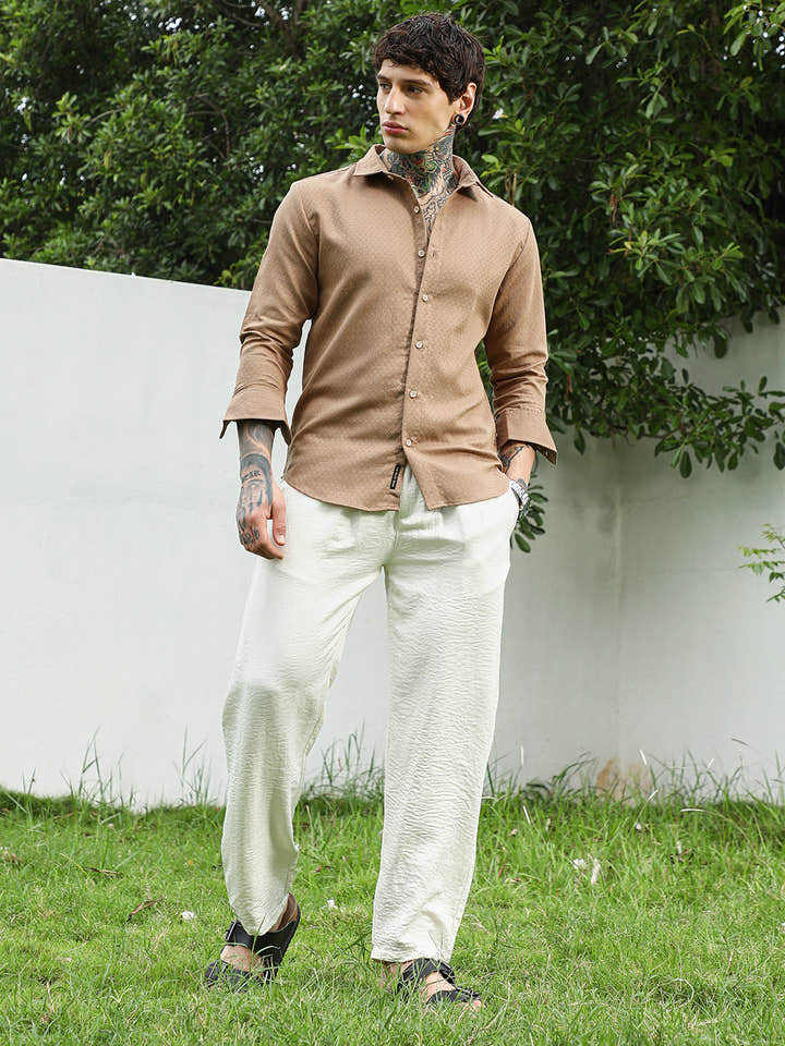 Beige Textured Cotton Blend Full Sleeve Shirt