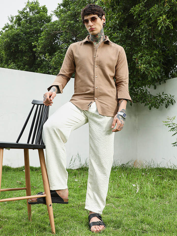 Beige Textured Cotton Blend Full Sleeve Shirt