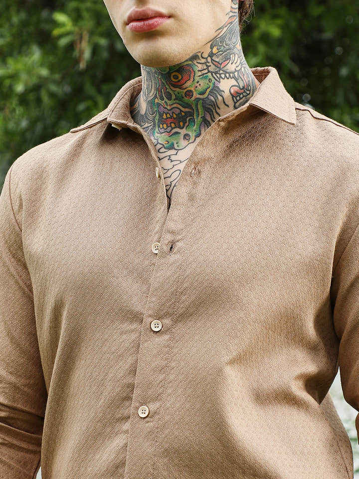 Beige Textured Cotton Blend Full Sleeve Shirt
