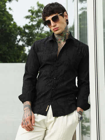 Black Self-Design Cotton Blend Slim Fit Shirt