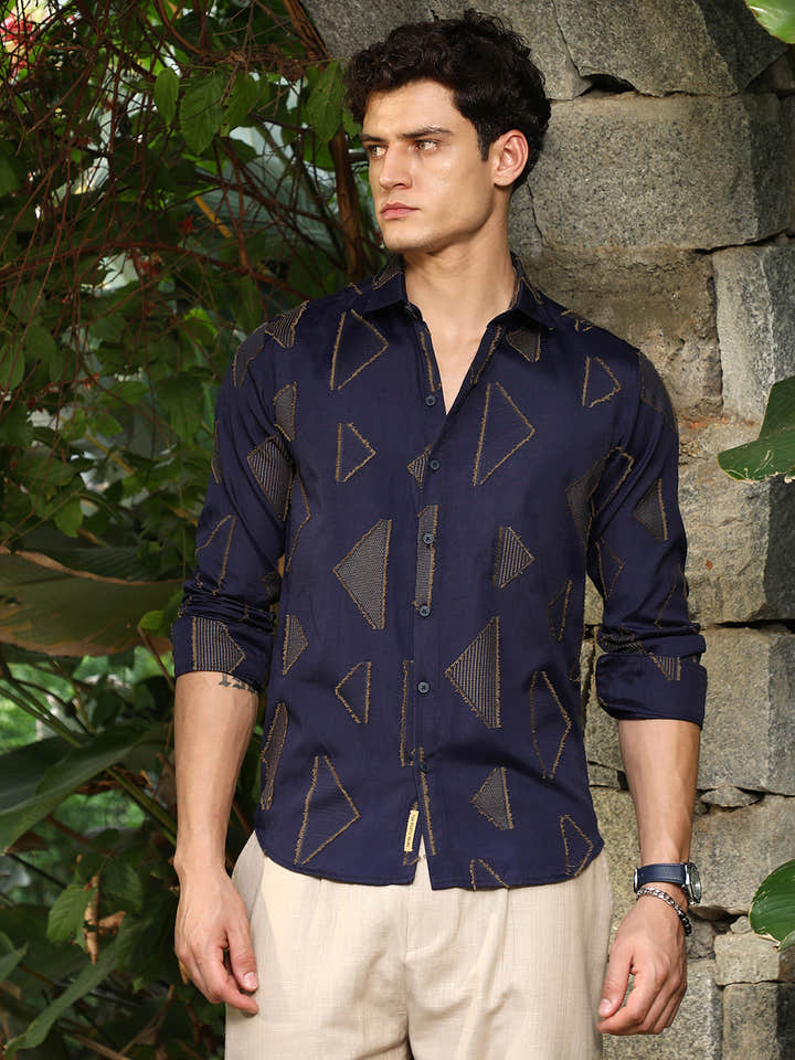 Navy Blue Edgy-Geometric Woven Shirt
