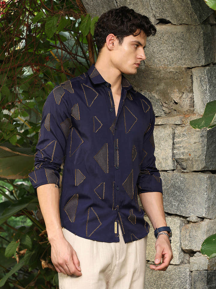 Navy Blue Edgy-Geometric Woven Shirt