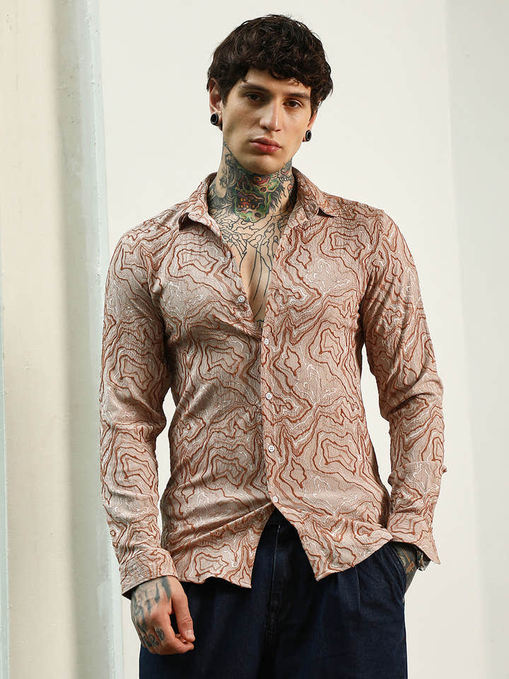 Slim Fit Beige Abstract Pattern Full Sleeve Shirt
