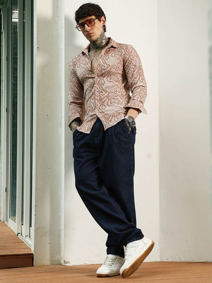Slim Fit Beige Abstract Pattern Full Sleeve Shirt