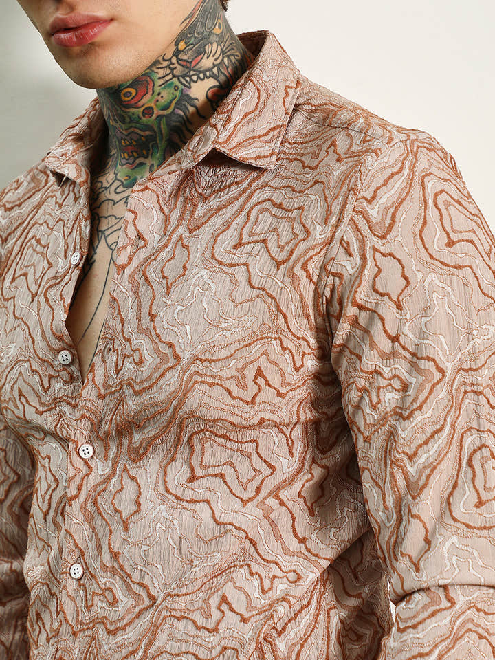 Slim Fit Beige Abstract Pattern Full Sleeve Shirt