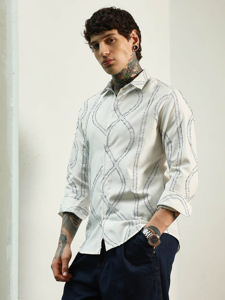 White Stitched Pattern Shirt - Cotton Polyester Blend