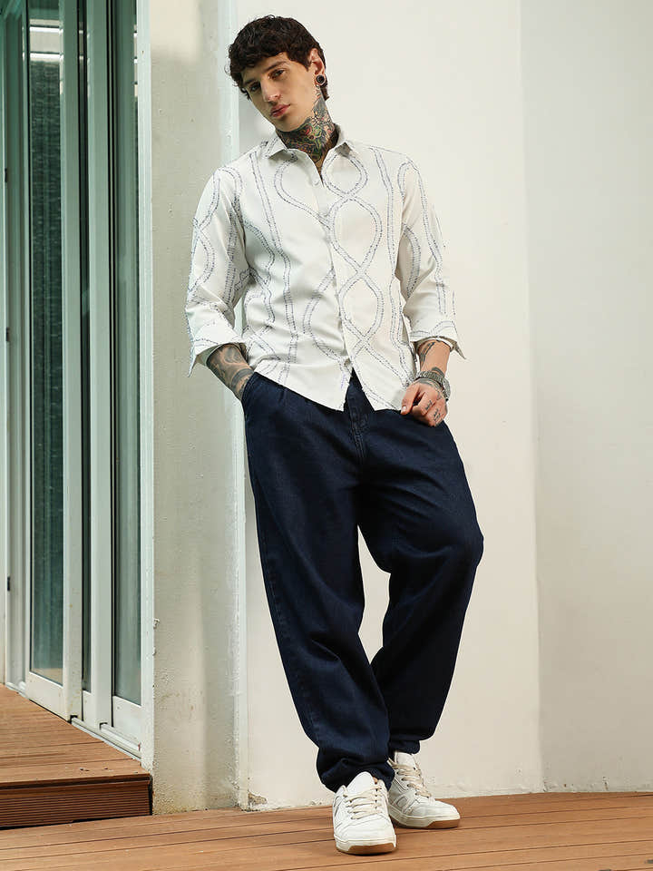 White Stitched Pattern Shirt - Cotton Polyester Blend
