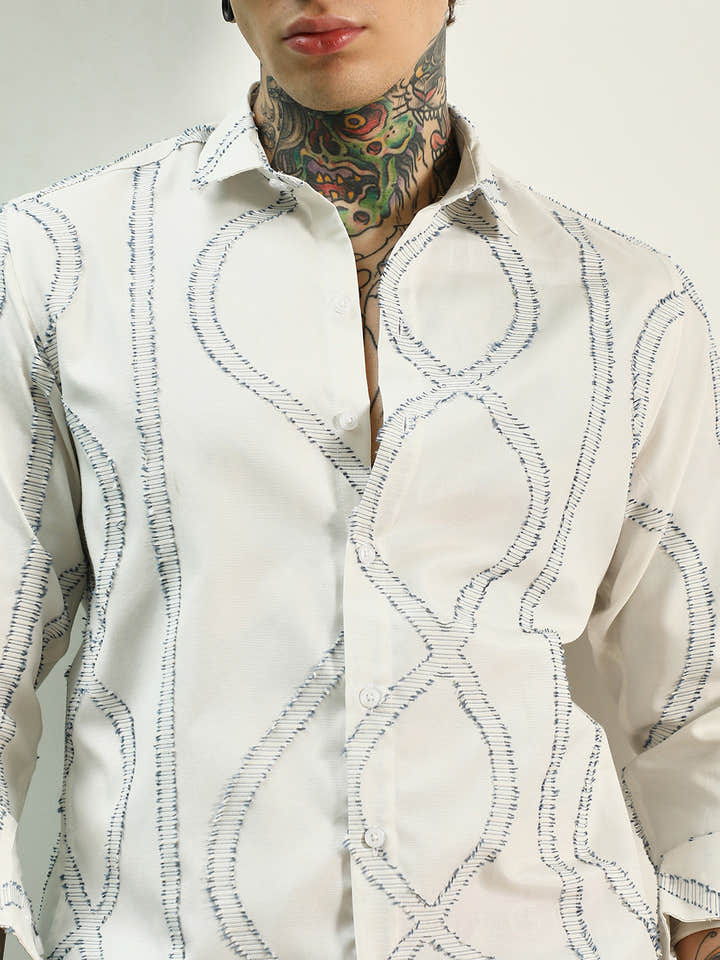 White Stitched Pattern Shirt - Cotton Polyester Blend