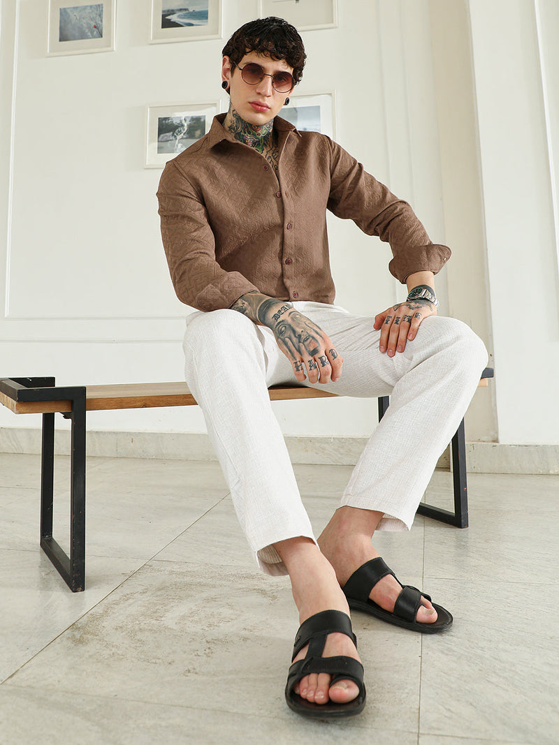Textured Brown Cotton Blend Full Sleeve Shirt