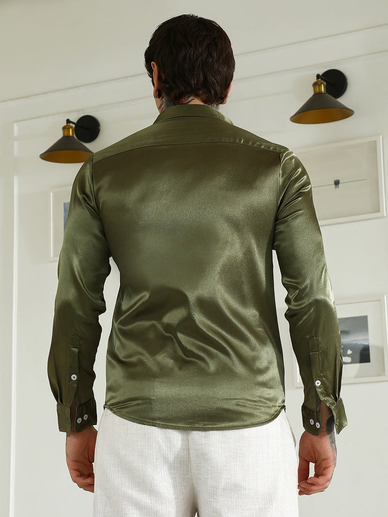 Olive Green Polyester Slim Fit Shirt
