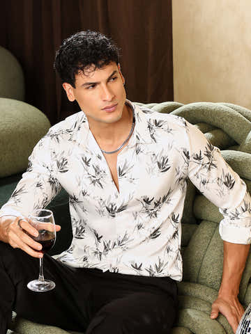 Faded-Leaf Imprint Satin Shirt