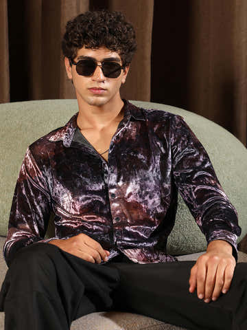 Contrast-Blur Imprint Velvet Shirt