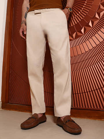 Flexi-Waist Knitted Beige Regular-Fit 100% Cotton Trouser