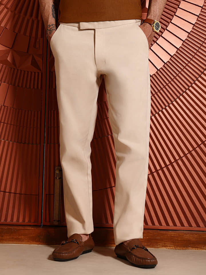 Flexi-Waist Knitted Beige Regular-Fit 100% Cotton Trouser