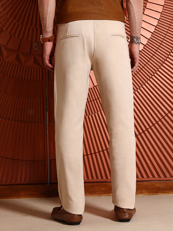 Flexi-Waist Knitted Beige Regular-Fit 100% Cotton Trouser