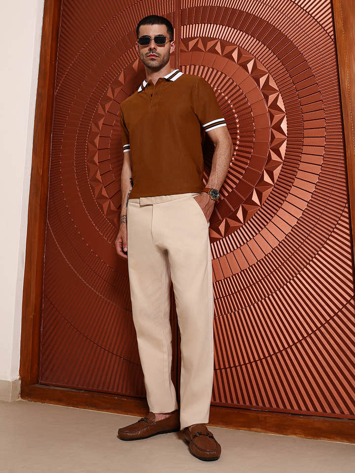Flexi-Waist Knitted Beige Regular-Fit 100% Cotton Trouser