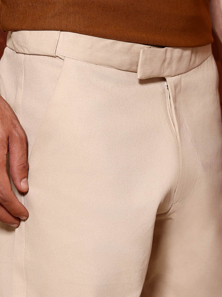 Flexi-Waist Knitted Beige Regular-Fit 100% Cotton Trouser