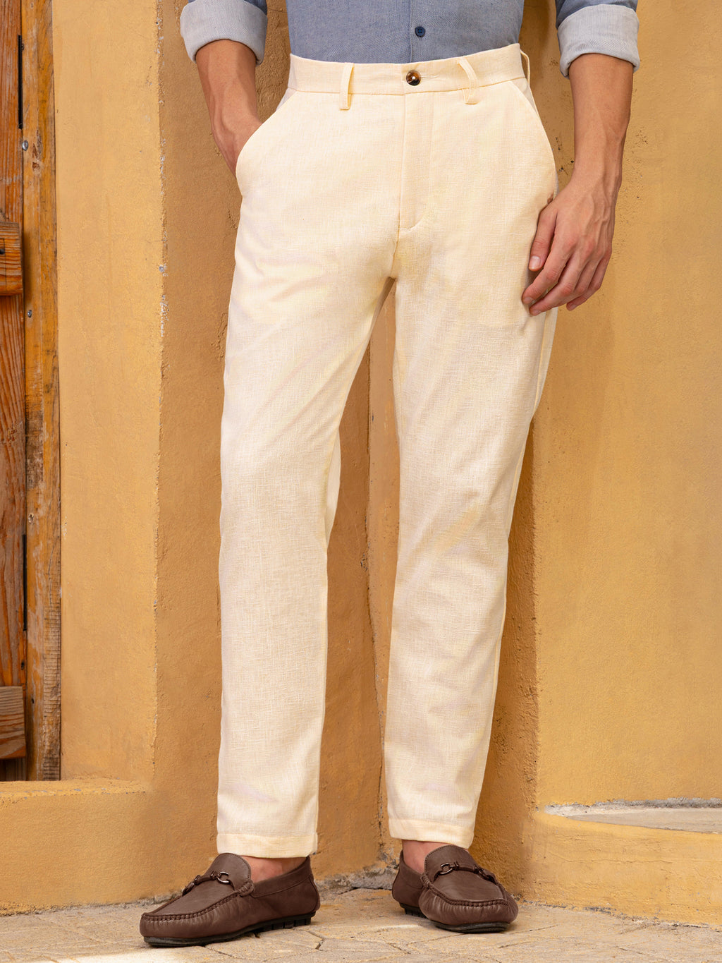 Cream Mid-Rise Regular Fit Trouser