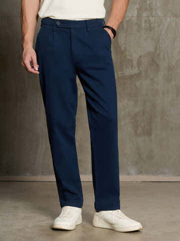 Navy Cotton Twill Lycra Pleated Stretchable Trouser