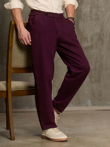 Wine Cotton Twill Lycra Pleated Stretchable Trouser