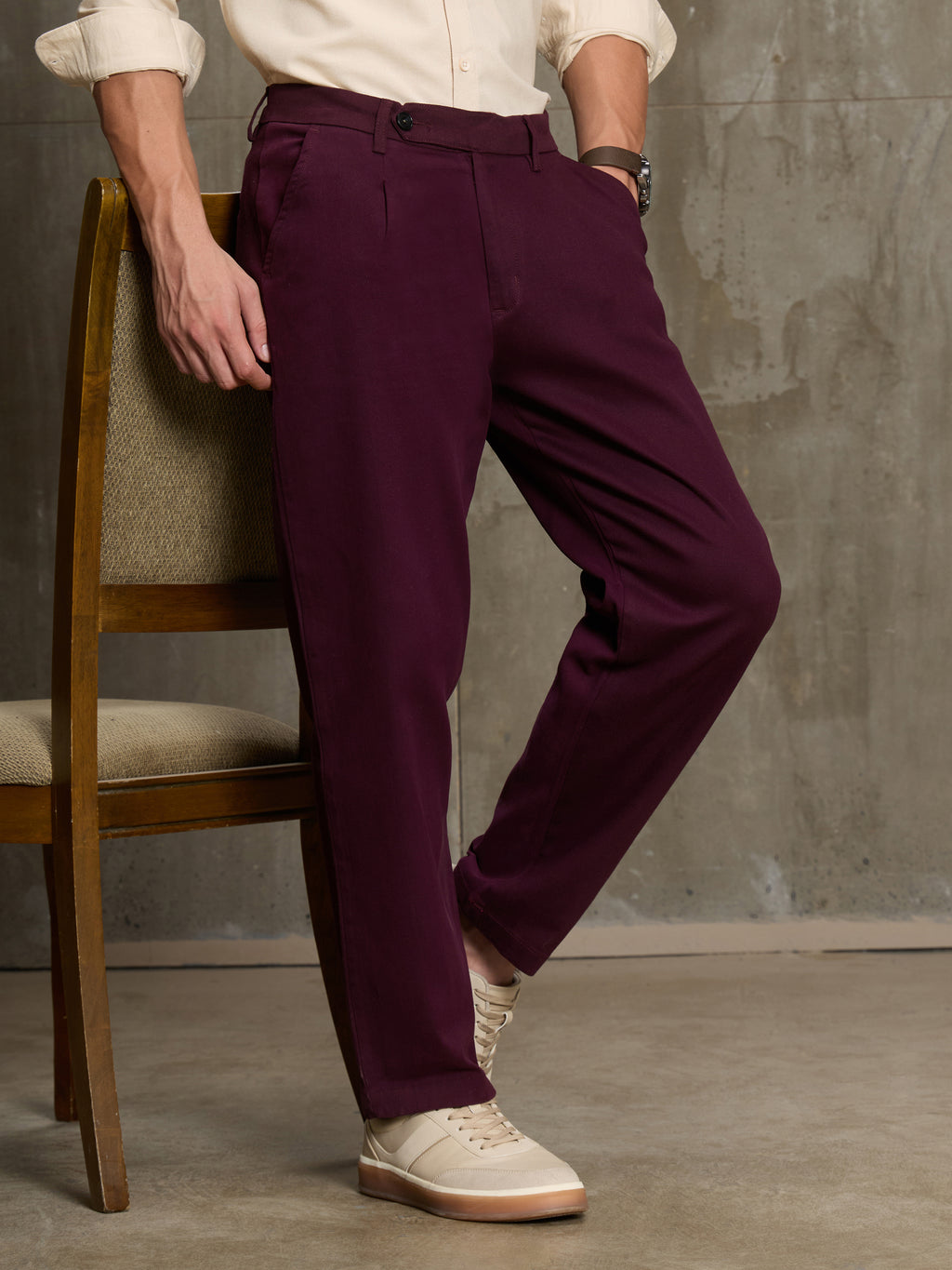 Cahoot Men's Wine 100% Cotton Twill Pleated Trouser - view 1