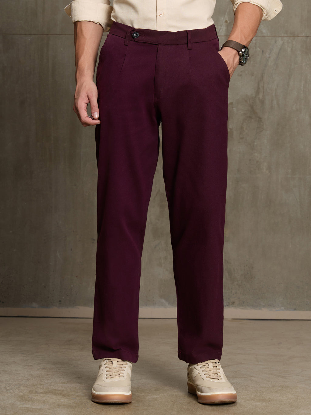 Cahoot Men's Wine 100% Cotton Twill Pleated Trouser - view 2