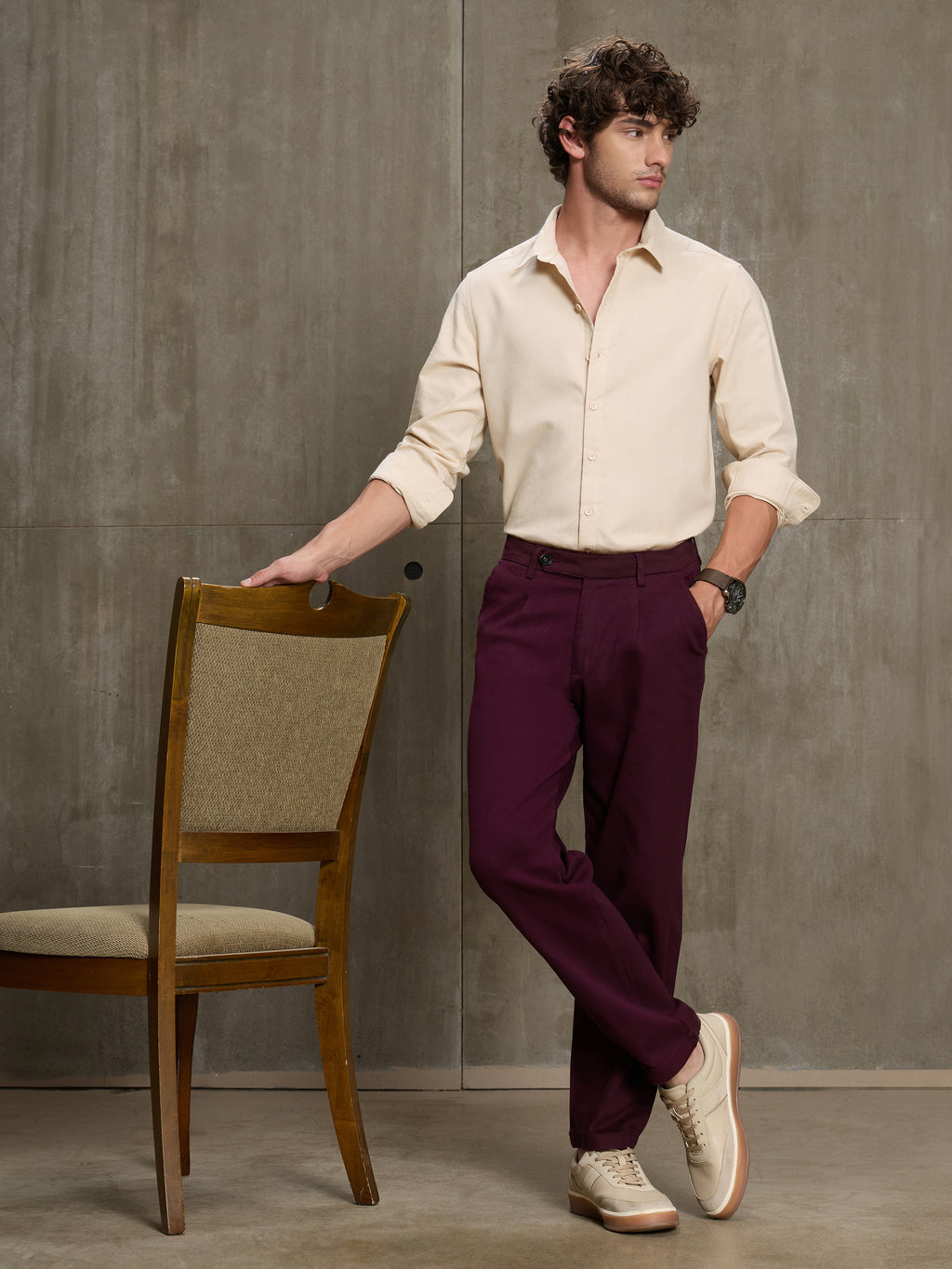 Cahoot Men's Wine 100% Cotton Twill Pleated Trouser - view 5