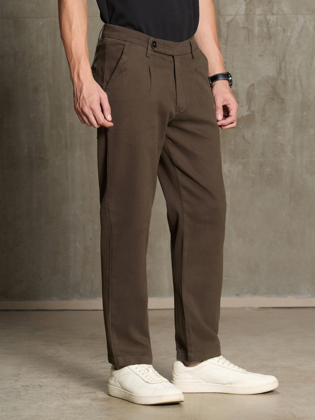 Cahoot Men's Dark Brown 100% Cotton Twill Pleated Trouser - view 1