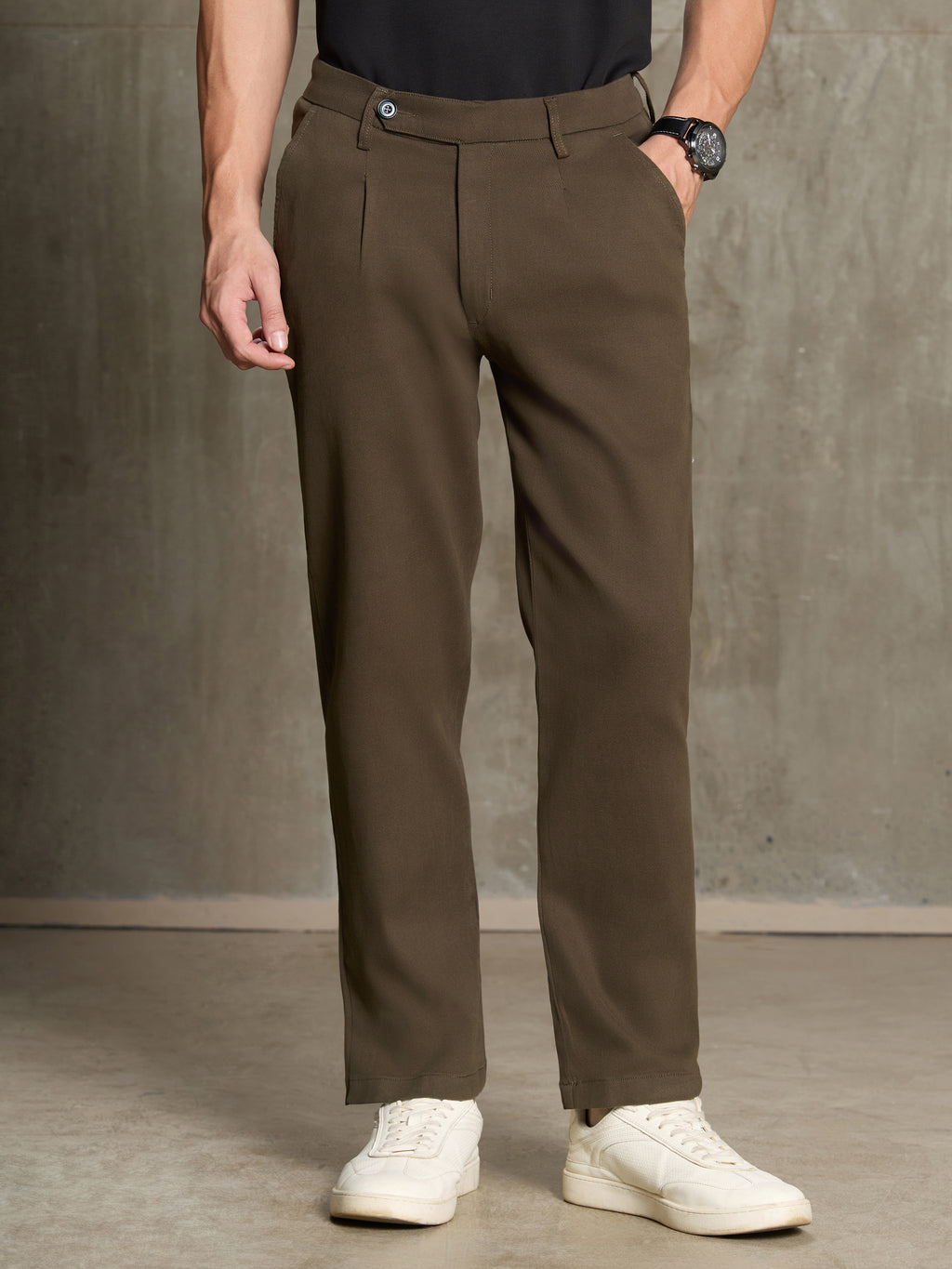 Cahoot Men's Dark Brown 100% Cotton Twill Pleated Trouser - view 2