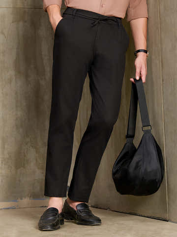 Black Textured Cotton Tapered Fit Trousers