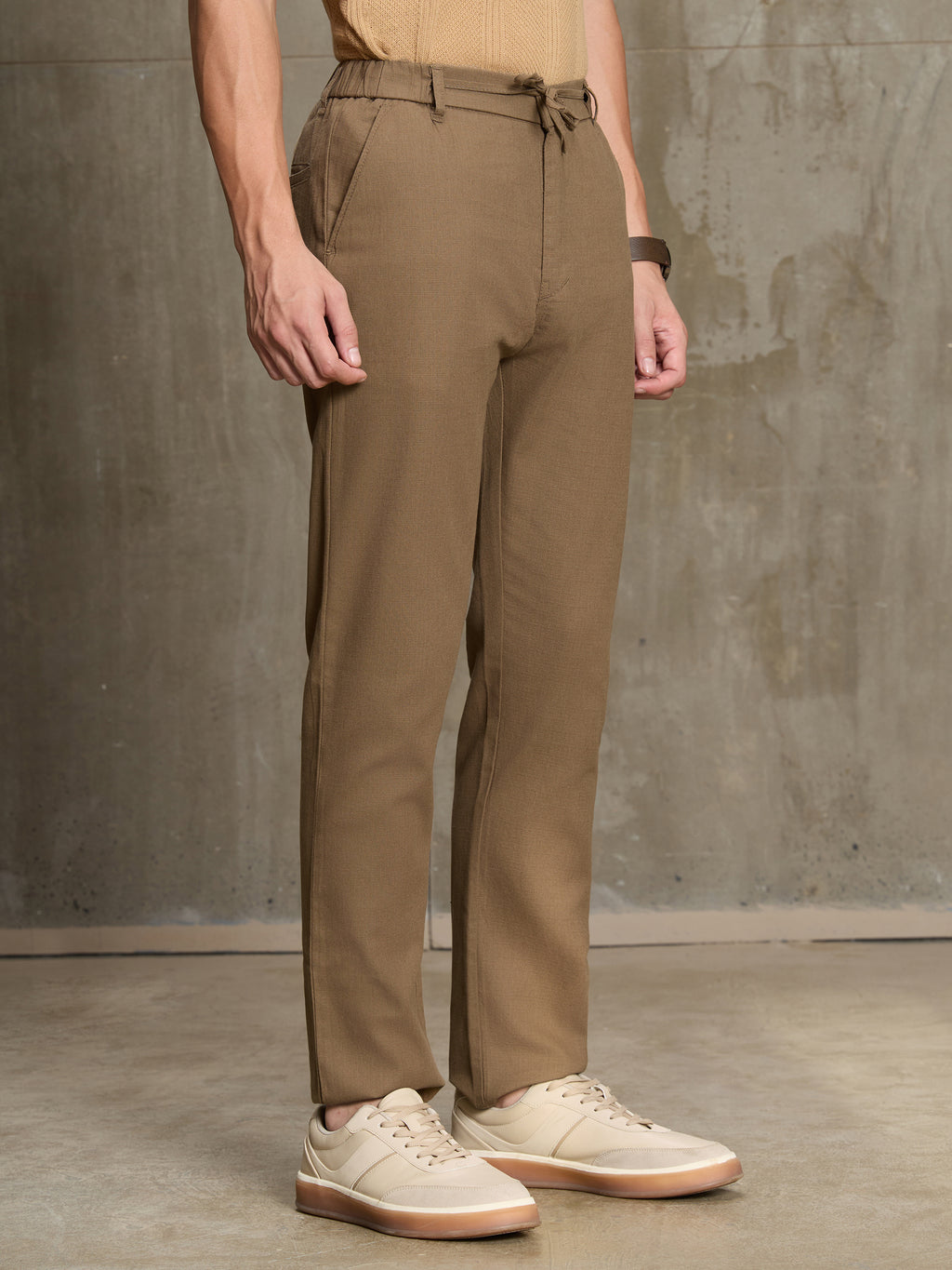 Cahoot Men's Light Brown Cotton Slub Regular Fit Trouser - view 3