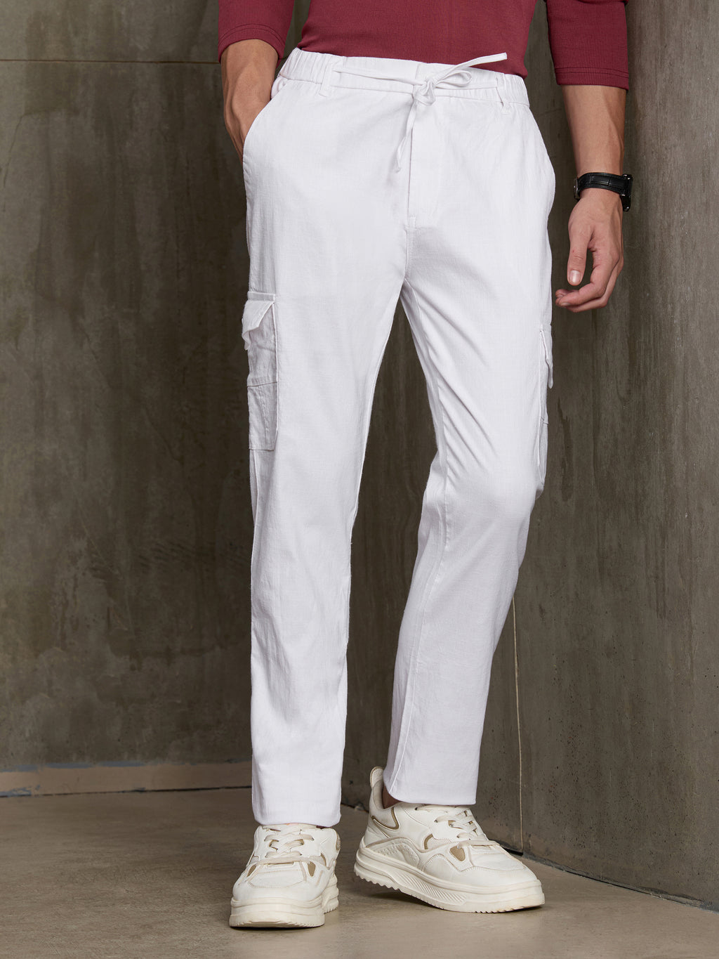Cahoot Men's White Cotton Slub Cargo Pants - view 2