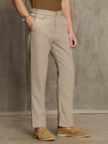Beige Cotton Straight Fit Trousers With Side Tab