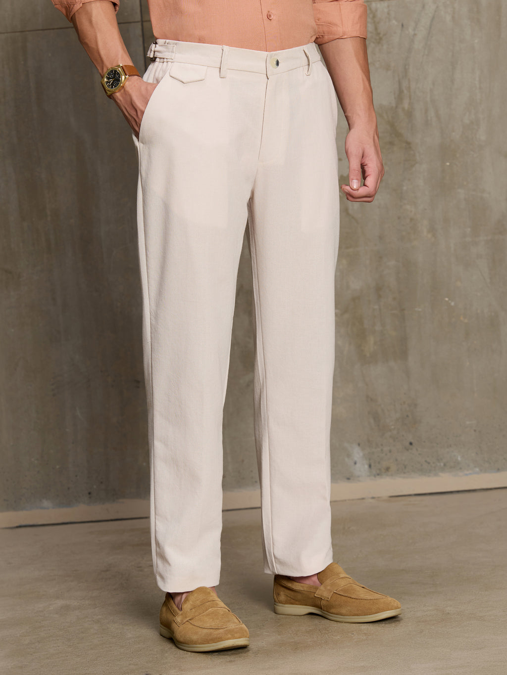 Cahoot Men's Light Beige Cotton Straight Fit Trouser With Side Tab - view 1