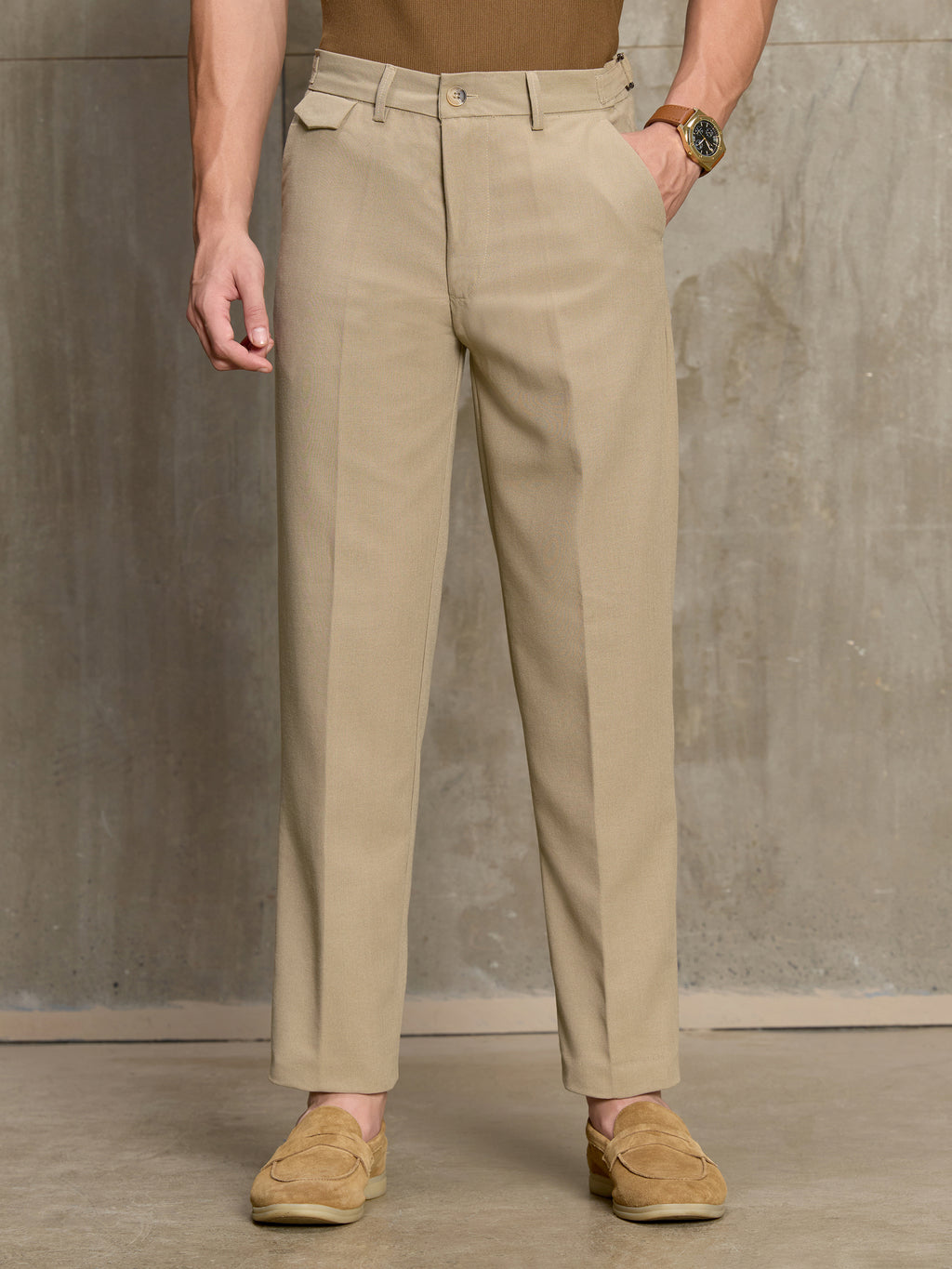 Cahoot Men's Light Brown Cotton Straight Fit Trouser With Side Tab - view 2