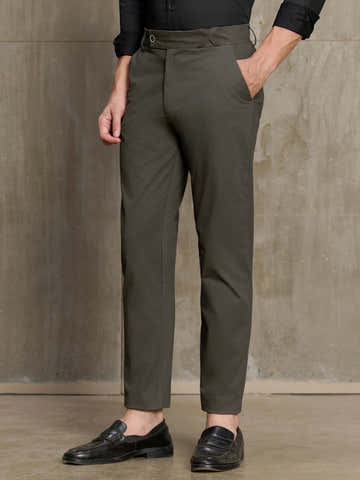 Olive Tapered 100% Cotton Trouser With Cross-Over Tab