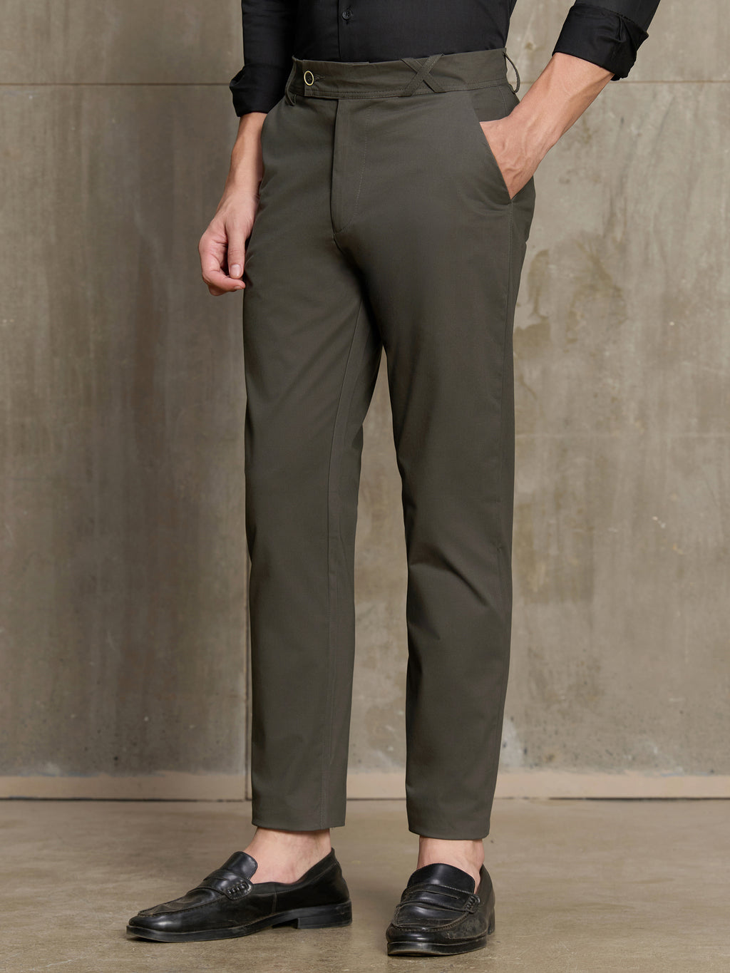 Cahoot Men's Olive Tapered 100% Cotton Trouser With Cross-Over Tab - view 1